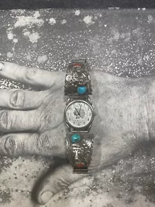 Vintage Indianeruhr mit Sterling Silber Spitzen Bär Türkis & Koralle - Bild 1 von 11