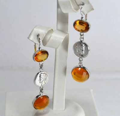 ORECCHINI IN ARGENTO 925  CITRINO OVALE E TONDO FACCETTATO MEDAGLIA    AGHT 0956 - Immagine 1 di 3