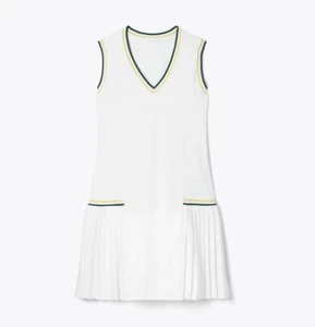 NWT Tory Sport Open Collar V Neck Tennis Dress ~ White Green/Yellow Trim ~ Sz XS - Picture 1 of 10