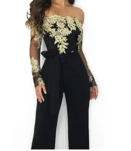 Women Lace Patchwork Sexy Off Shoulder Slash Neck Long Sleeve Slim Wide Jumpsuit - Picture 1 of 12