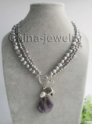 Colar de pérolas de água doce barroca branca e cinza P6632-3row 18" 22mm ametista + - Imagem 1 de 3