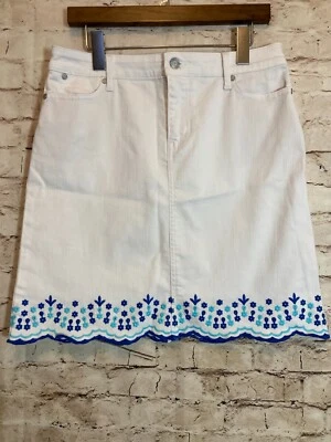 Falda Talbots Mujer 4 Blanco Denim Jean Cobalto Bordado Bordado Algodón Línea A Foto 1 de 4