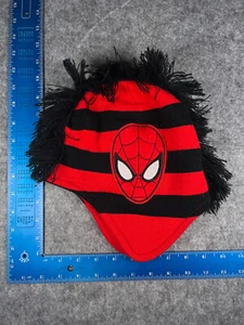 Spiderman Beanie Toque Youth OS Red Black Stripe Acrylic Poly Ear Flaps Mohawk - Picture 1 of 9