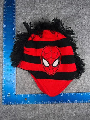 Gorro Spiderman Toque Juvenil OS Rojo Negro Rayas Acrílico Poli Orejeras Mohawk Foto 1 de 4