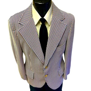 Vtg 70's SEERSUCKER Sport Coat TEXTURED MoD Jacket Blue Red STRIPE DISCO Blazer - Picture 1 of 12