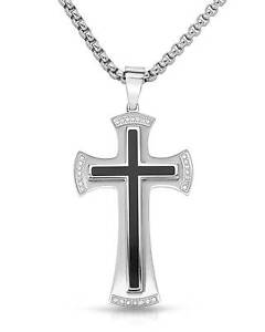 Men's Cross Necklace With 0.15 ctw Genuine Diamond Stainless steel Length 24in