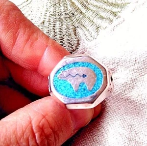 Vintage Bear Turquoise Inlay Ring Silver White Bronze Size 12.75 - Picture 1 of 4