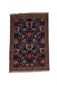 Tappeto orientale vintage blu floreale fatto a mano 3'3"" x 4'9"" unico nel suo genere in lana - Foto 1 di 6