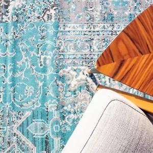Blue Rugs for Living Room | Patchwork Blue & Grey Rug | Teal Runner Rugs Cheap - Picture 1 of 11