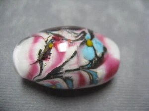 American Lampwork Glass Beads Fuchsia with Blue Flower 28x 44 mm Oval - Picture 1 of 4