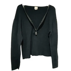 von saken black sweater top large rhinestone embellished V Neck 1/2 Zip - Picture 1 of 5
