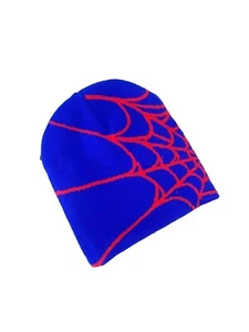 Spider Web Jacquard Beanie, Blue + Red - Picture 1 of 1