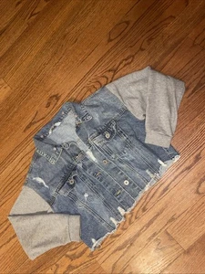 Highway Denim Fleece Cropped Blue Denim Jean Jacket Women’s Small Distressed GUC - Picture 1 of 11