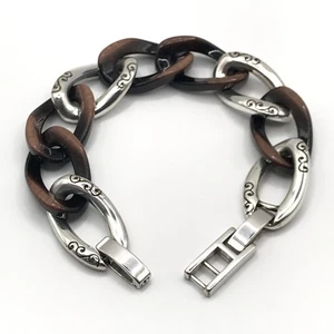 Brighton Chunky Link Bracelet Silver Plate & Brown Boho Vintage Italian Look 8" - Picture 1 of 8
