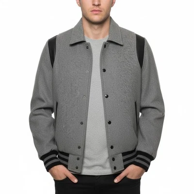 Varsity Letterman Grey wool Black & leather Stripes Retro Baseball BomberJacket - Image 1 of 2