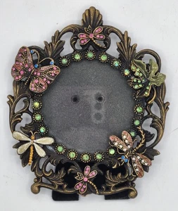 Enameled Ornate Picture Frame, Rhinestone Dragonflies And Butterflies. Round - Picture 1 of 9