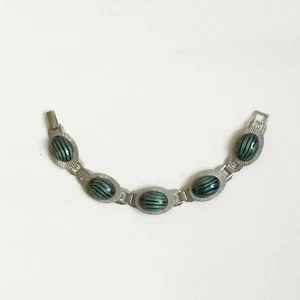 Vintage Silver Tone Green Watermelon Glass Cabochon Book Link Panel Bracelet - Picture 1 of 6