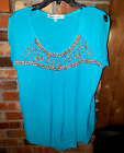 Absolutely Famous-XL-Turquoise Crinkle Top w/ Embroider Chest & Split Cap Sleeve