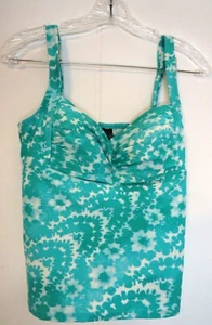 Bisou Bisou Womens Medium Swimsuit Top Green White Floral Swim Tank - Picture 1 of 5