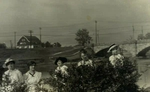 Women Behind Bush By River Bridge B&W Photograph 3.25 x 5.5 - Picture 1 of 3