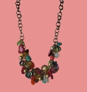 Bunte Stein Latz Halskette rosa, orange, blau Messing Kette Statement Kugeln Fun - Bild 1 von 5