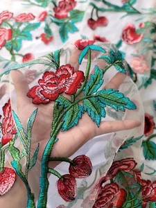Red Embroidered Floral White MESH Wedding Prom Lace Fabric SOLD BTY - Picture 1 of 10
