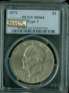 1972 TYP 1 EISENHOWER DOLLAR PCGS MS64 PQ MAC SPOTLESS TOUGH DATUM * - Bild 1 von 2