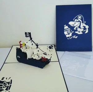 Funny Pirate Ship with Jolly Roger Flag 3D Kirigami Pop-up Greeting Card - Picture 1 of 9