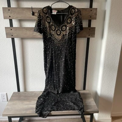 Vestido Largo Completo Vintage Años 80 100% SEDA Negro Stenay Cuentas Lentejuelas **LEER** Foto 1 de 4