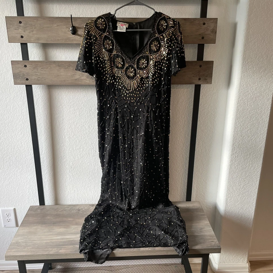 Vestido Largo Completo Vintage Años 80 100% SEDA Negro Stenay Cuentas Lentejuelas **LEER** Foto 1 de 4