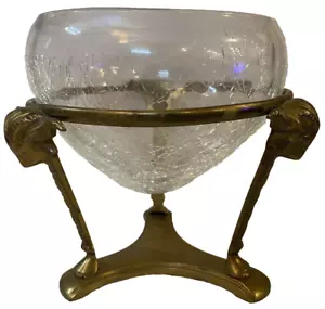 Vintage Ornate Brass Stand Pedestal Rams Head Crackle Glass Bowl Vase - Picture 1 of 4