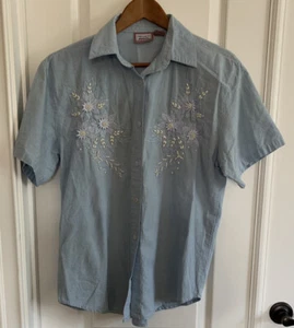 Vintage Premier International Blouse Embroidered Beads Floral Blue Cotton Small - Picture 1 of 9