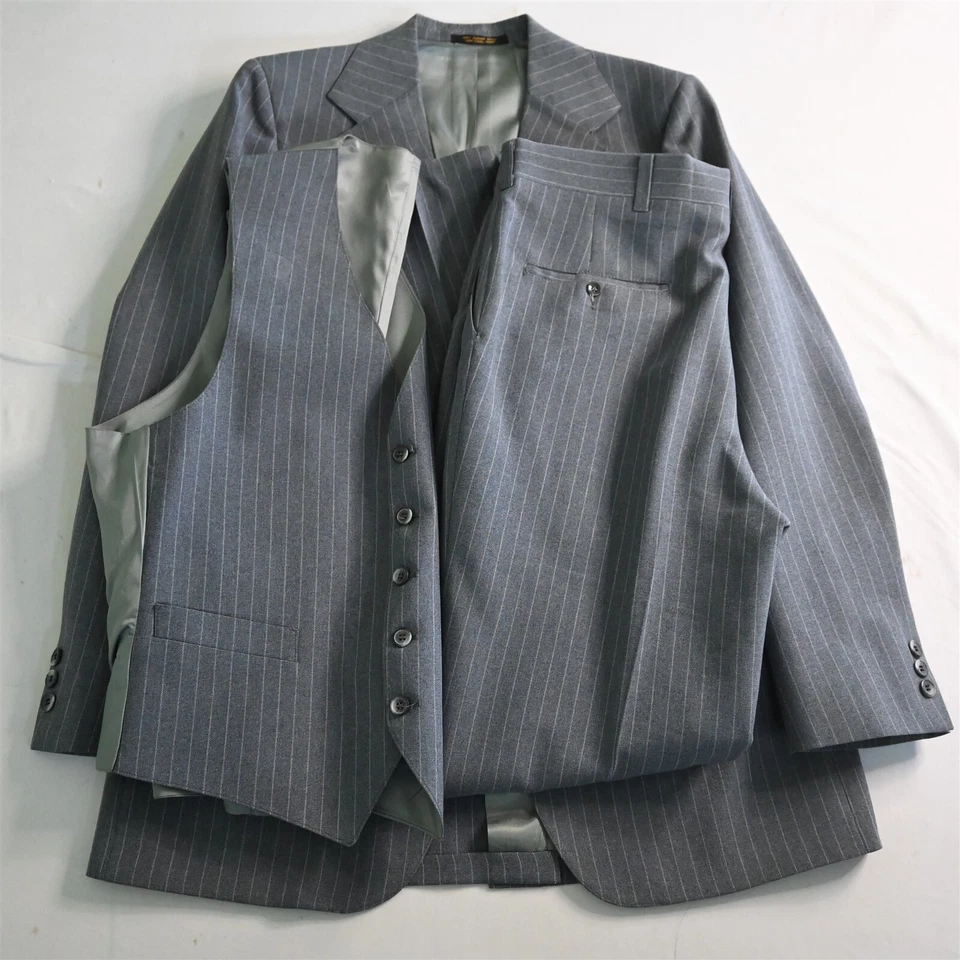 Vtg Mens 40L 34x34 Slim Gray Striped 3 Piece Vest Jacket Bootcut Pants Suit - Image 1 of 4