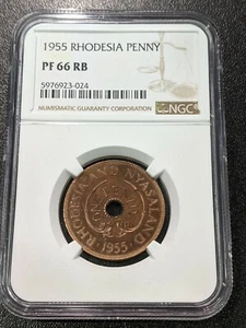 1955 PF66 RB Rhodesia Nyasaland Proof Penny KM 2 NGC - Picture 1 of 2