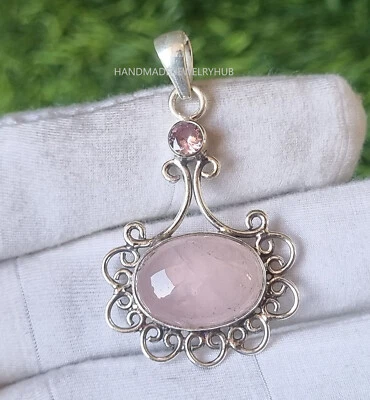 Rose Quartz Healing Gemstone Pendant 925 Sterling Silver Handmade Gift PG2433 - Image 1 of 3