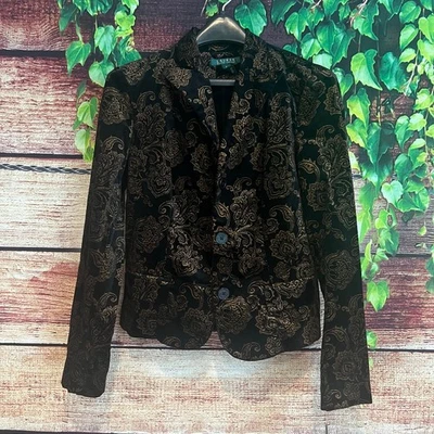 Blazer Lauren Ralph Lauren Elastizado Terciopelo Floral 6 Chaqueta Negro Dorado $199 Nuevo Año Foto 1 de 4