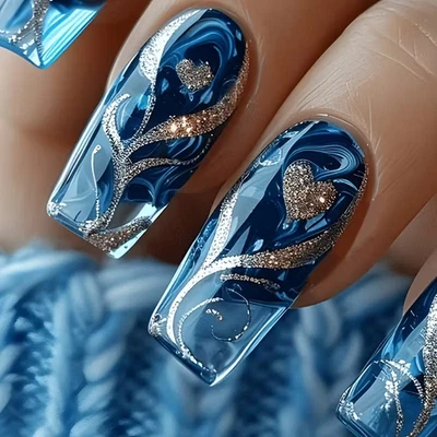 24pcs Blue Square Press-On Nails, Long, Glossy Silvery Pattern Heart Shape - Image 1 of 4