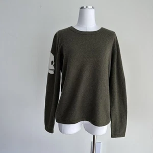 100% Cashmere Sweater Womens Large Skull Print Olive Army Rock N Roll Soft Goth - Picture 1 of 9