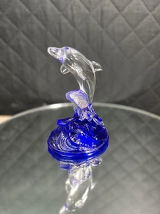 Art Glass Dolphin Riding a Cobalt Blue Wave - Picture 1 of 10
