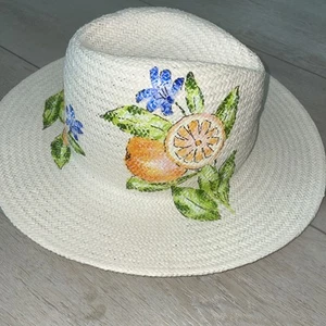 Onia Hand Painted Hat Citrus Floral Medium Sun Travel Lightweight 100% Paper - Picture 1 of 10