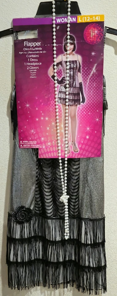 DISFRAZ TALLA 12-14 FLAPPER RUGIENTE AÑOS 20~ PLATA NEGRO con GUANTES/COLLAR/CABEZA Foto 1 de 4