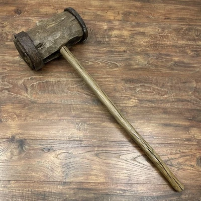 Antiguo mazo de madera 36" circo carnaval trineo martillo 15 libras pesado vintage Foto 1 de 4