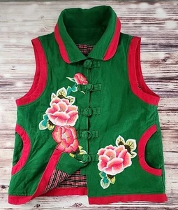 Gilet rosa vintage di ispirazione asiatica ricamato L verde rosso boho arte popolare cottage - Foto 1 di 14