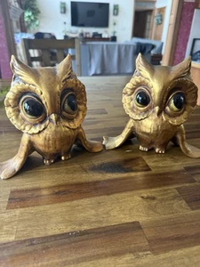 Vintage Anthony Freeman Mcfarlin Gold Ceramic Owls Big Eyes Set Of Two - Picture 1 of 4