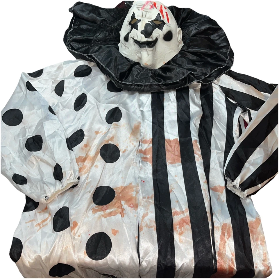 KILLER Circo PAYASO Negro Blanco Satinado Disfraz Halloween MASCARILLA TRAJE CUELLO VOLANTES OS Foto 1 de 4