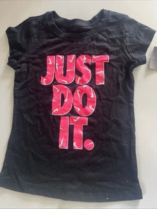 Nike Girl T-Shirt ~ Black, Neon Pink & White ~ JUST DO IT ~ Size 6 - Picture 1 of 9