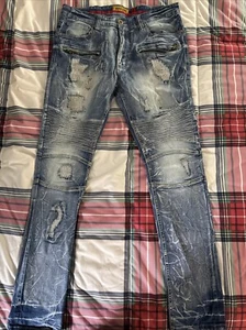 Makobi Jeans Mens 36x34 Blue Denim Ripped Acid Wash Slim Straight Distressed - Picture 1 of 23