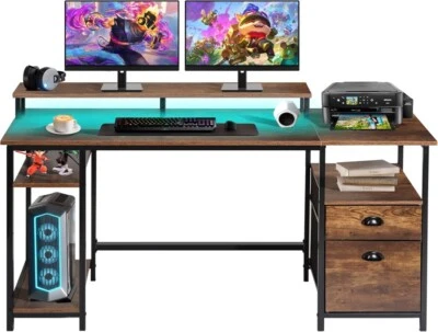 PANANA Gaming Desk with LED Lights Computer Desk with Monitor Stand File Drawer Shelves