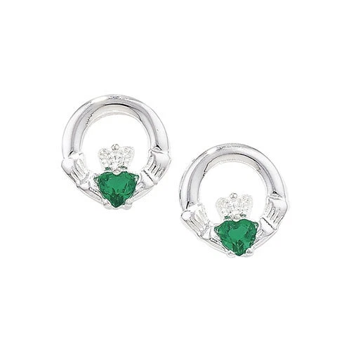 Argento Verde Cuore Pietra Set Claddagh Orecchini - Immagine 1 di 1