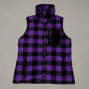 Chaps Sport Vest Womens Medium Purple Black Check Fleece Full Zip Mock Neck - Picture 1 of 7